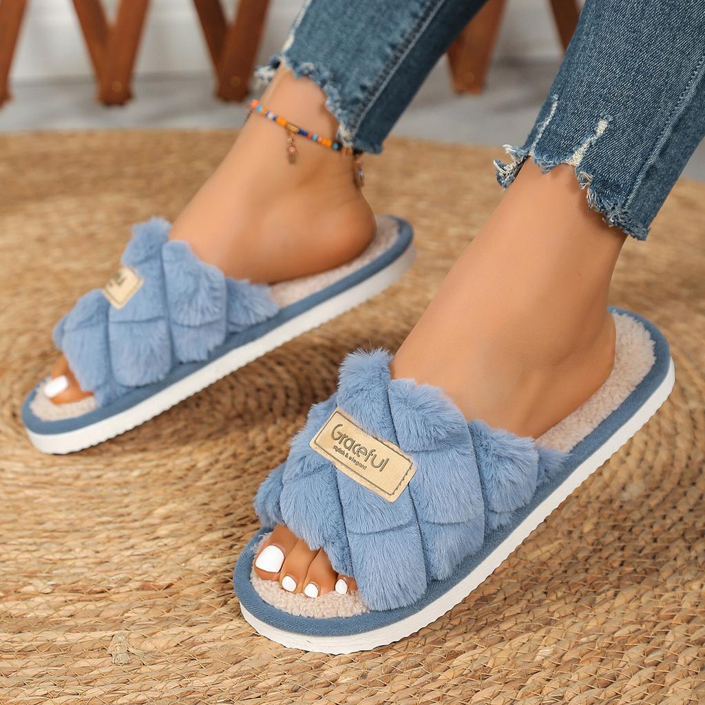 Fashion Litfun Fluffy slippers For Women Open Toe Flat Bottom Home Slides Winter New Warm Indoor Cotton Shoes Soft Sole Women's Slippers