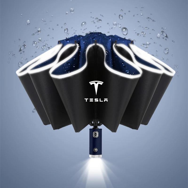 bntfg6 Automatic Umbrella with LED Reflective Strip Rain Wind Umbrella For Tesla Model 3 X S Model Y Accessories