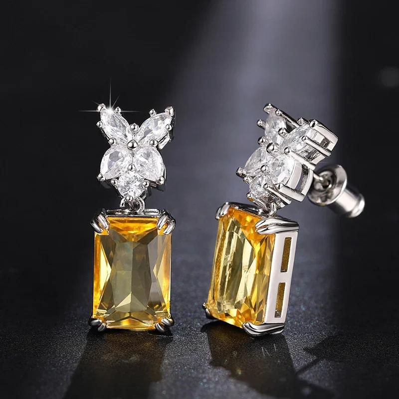 New Simple And Elegant Square Cubic Zirconia Earrings Bling Yellow Cz Dangle  Luxury Women Wedding Engagement Jewelry