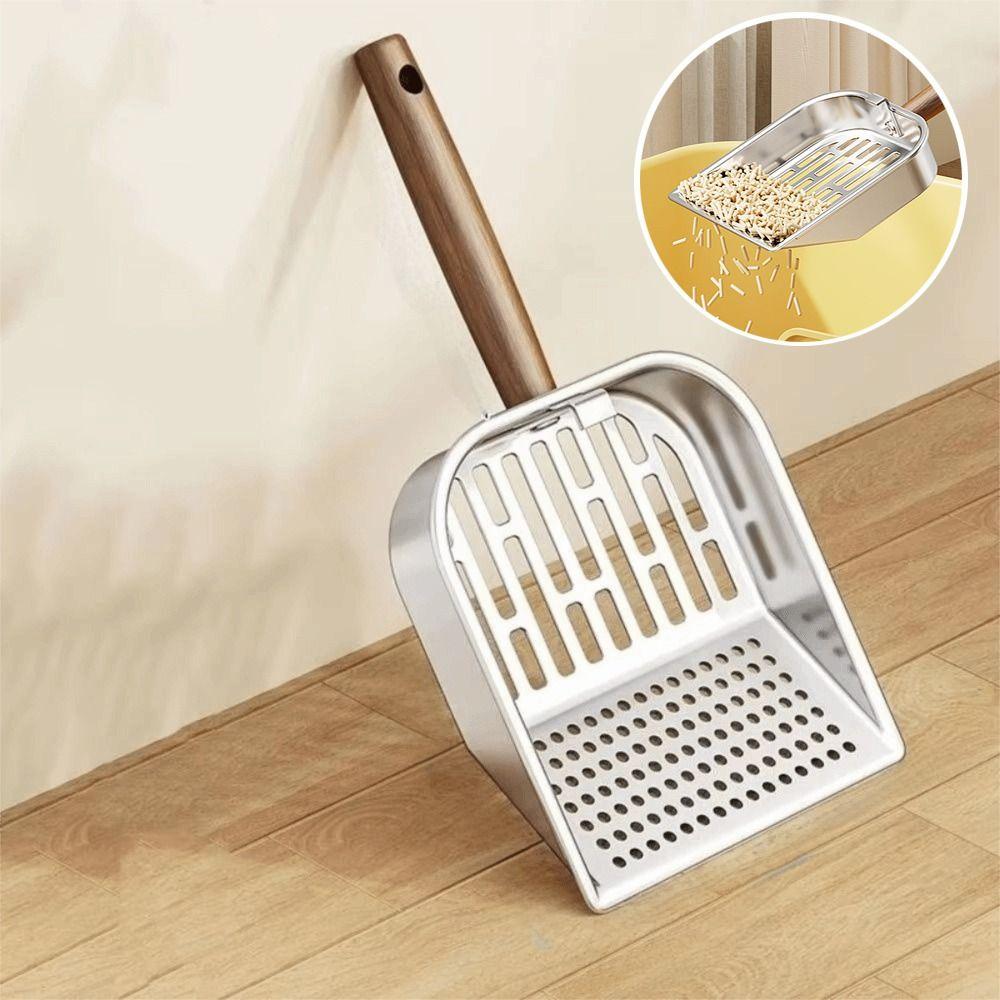 Stainless Steel Cat Litter Scoop Long Handled Hollow Design Pet Waste Picker Wooden Handle Easy Clean Litter Box Shovel