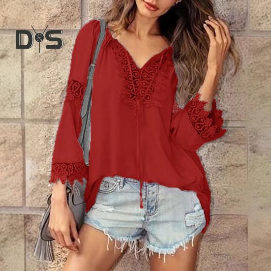 Women Tops V-Neck Embroidery Lace Trim Lace-up Long Sleeve Pullover Tops Solid Color Loose Fit Casual Style Shirt