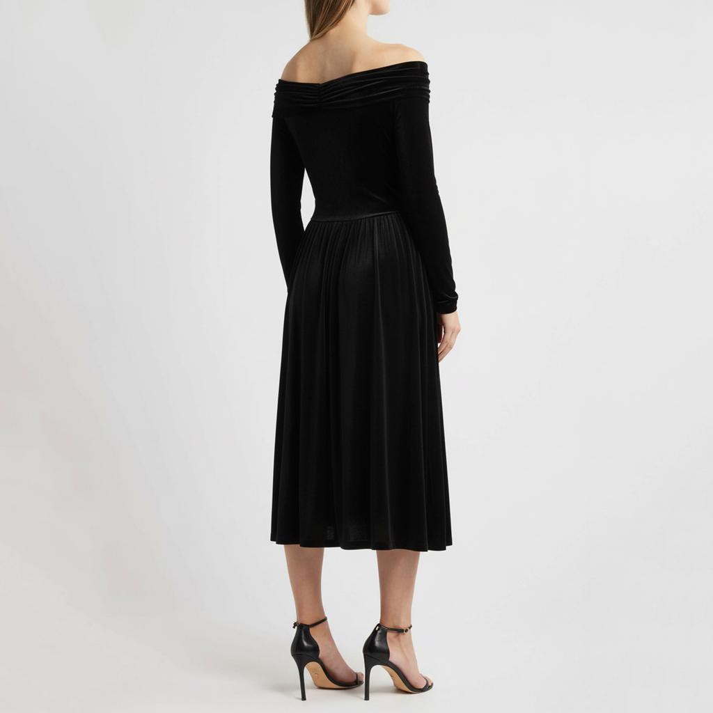 Damenmode Lässiges Samtkleid Einfarbig Elegant Hochtailliert Slim Langarm Schulterfrei Langes Kleid