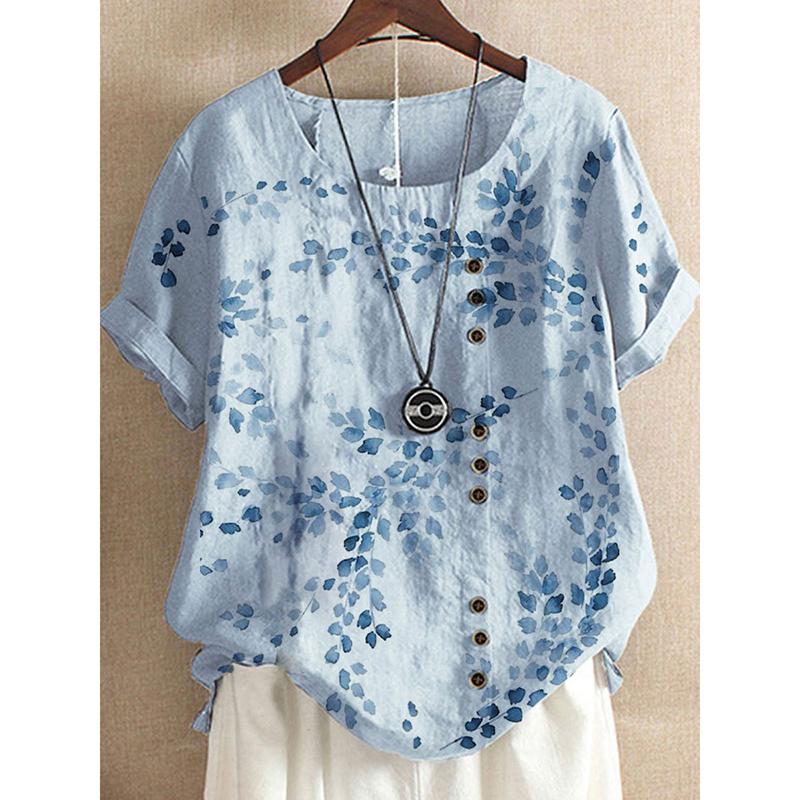

Cotton Womens Linen Floral Loose Blouse Tshirts Ladies Summer Tops Plus Size 3XL синий