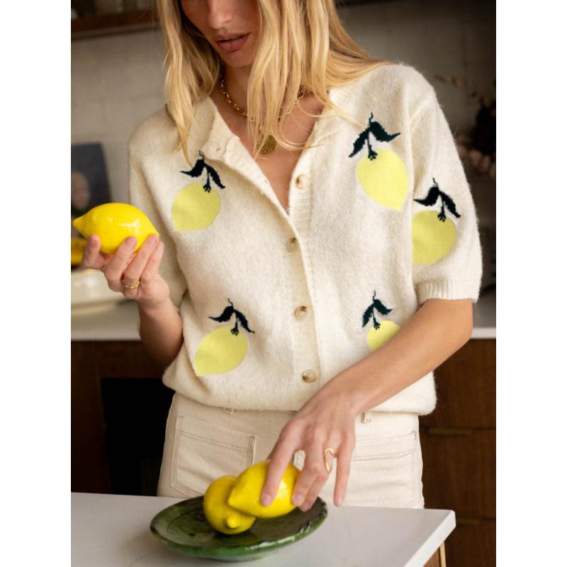 2025 Autumn New Mango Pattern Knitted Sweater Fashionable Casual Short-sleeved Button Sweater for Women