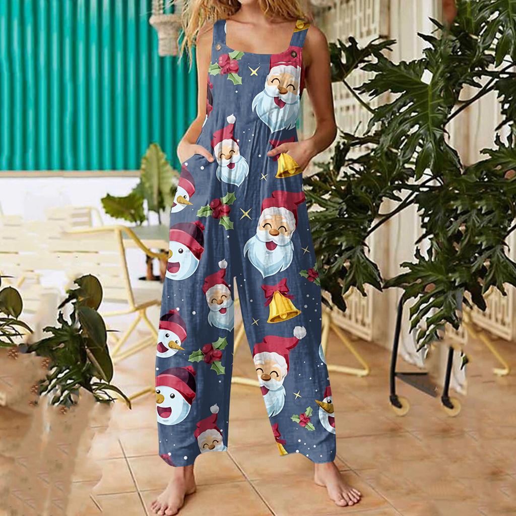 Women's Fashion Christmas Print Casual Retro Sleeveless Button Jumpsuit