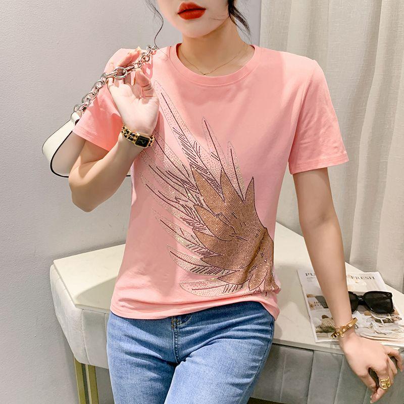 Sommer Design Flügel Diamant Kurzarm T-Shirt für Damen Baumwolle Locker Slim T-Shirt Modisches Vielseitiges Top Trendy