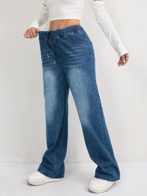 Damesjeans met hoge taille, elastisch trekkoord en rechte pijpen - Casual, losvallende, afslankende broek