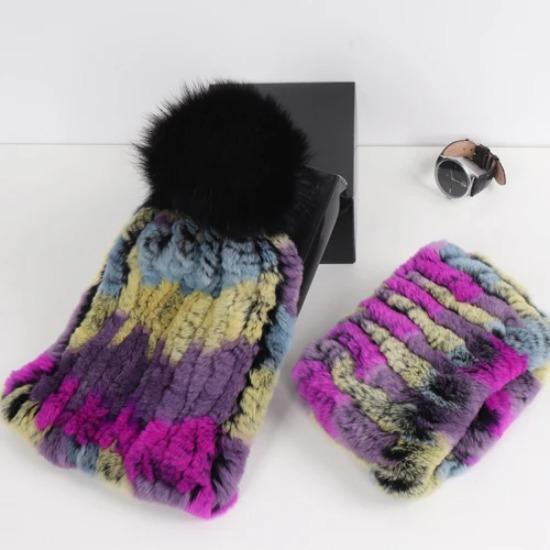 New Fashion Knitted Good Elastic Real Fur Scarf Hat Sets Women Winter Warm Natural Rex Rabbit Fur Scarves Hats Sets