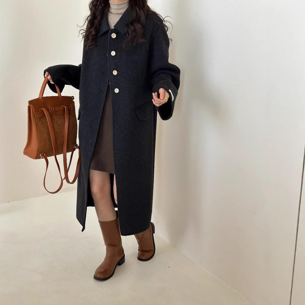 Doll collar high-end medium and long simple single-breasted double-sided wool coat, thickened large cuffs cashmere jacket