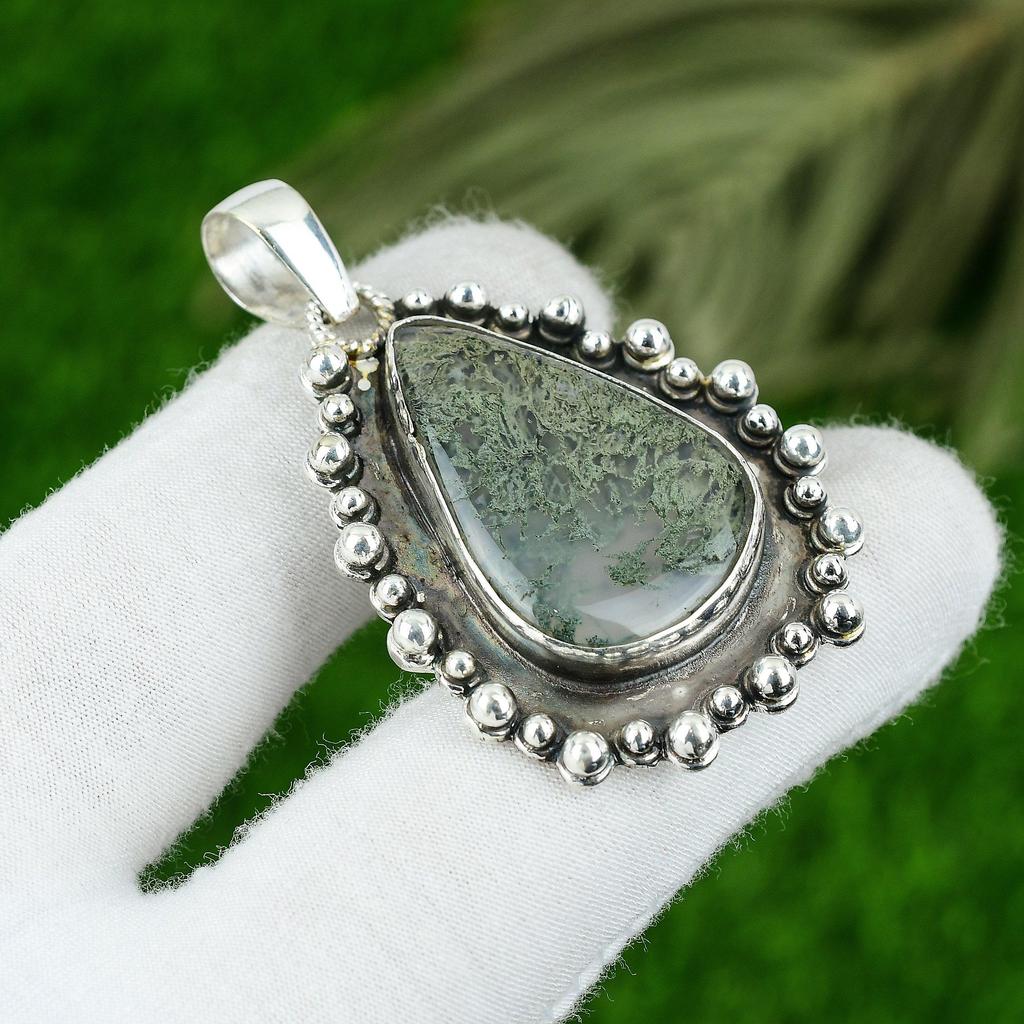 Gift For Women Pendant 925 Sterling Silver Natural Solar Moss Agate Gemstone