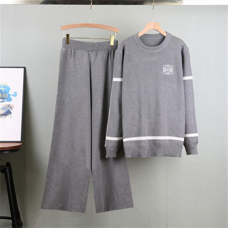 Women's Spring And Autumn Fashion Style Suit Color Contrasting Knitted Top Wide Leg Pants  Two Piece  Sweater Suit