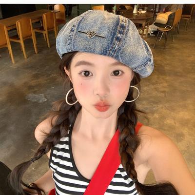 Summer Fashion Versatile Washed Denim Beret Children Octagonal Painter Hat Big Head Circumference Show Face Small Hat