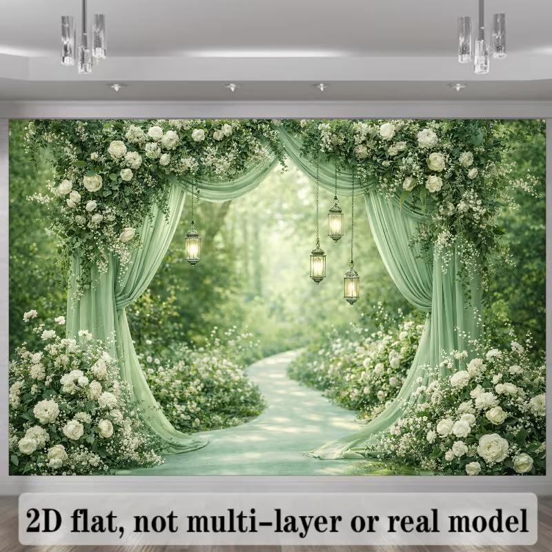 2D Grüne Florale Hochzeitskulisse, Weißer Rosenvorhang Foto Hintergrund Banner