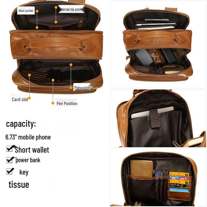 Men's Genuine Leather Multi-Pocket Travel Backpack: Large Capacity, Versatile, and Ideal for Casual Outdoor Adventures.