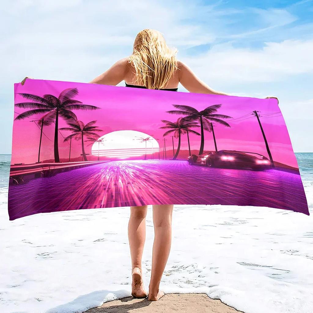 Custom Synthwave Beach Towel Retro Car Palm Tree Microfiber Sand Free Quick Dry Soft Travel Pool Accessory