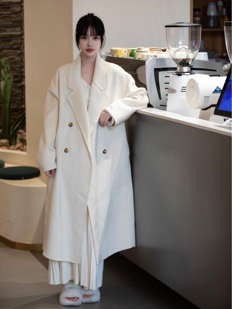 Korean Style Women's Long-Haired Double-Faced Wool Cashmere Cocoon Coat