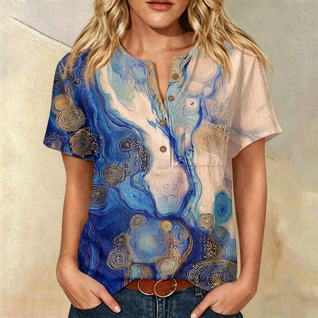 Damenmode Bedrucktes kurzärmeliges Baumwoll-Leinen-Henley-Shirt mit Knopfleiste und Brusttasche für Freizeitkleidung