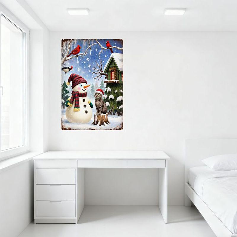 Vintage Christmas Snowman & Tabby Cat Tin Sign, Snowy Landscape with House Cardinals, Retro Rusty Border Metal Poster for Home W