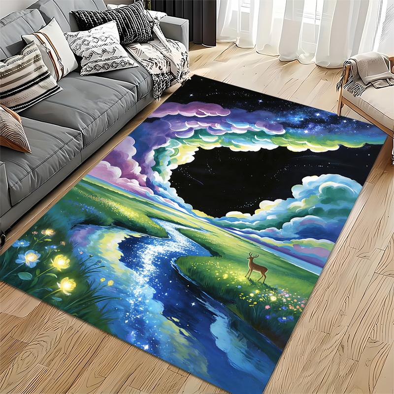 "Colorful River Landscape Carpet with Night Sky and Deer Pattern" Suitable for Use As an Anti-slip for Living Room Bedroom Sofas