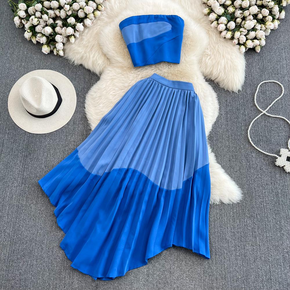 Fashion Suit Women's Strapless Tube Top Top Two-Piece High Waist Drape Irregular Pleated Skirt