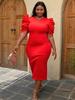 Zarif Kadınlar için Kırmızı Pileli Elbiseler V Boyun Ruffles Kol Yüksek Bel Bodycon Seksi Midi Akşam Parti Noel Kıyafetleri Oymak