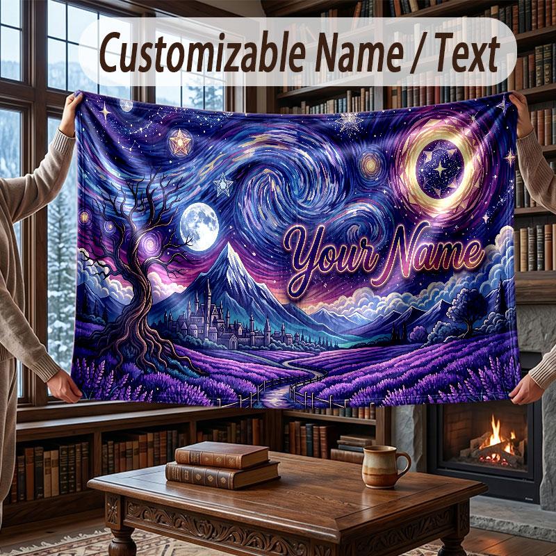 Space Cosmic Theme Throw Blanket Custom Name Text Personalized Blanket Soft Cozy Blanket for Home Sofa Bed