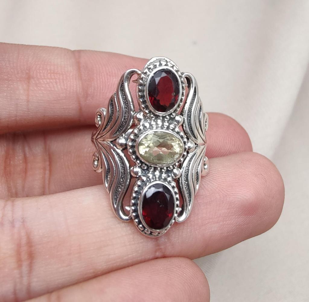 Garnet & Lemon Quartz 925 Sterling Silver Ring: Vintage Boho Statement Jewelry