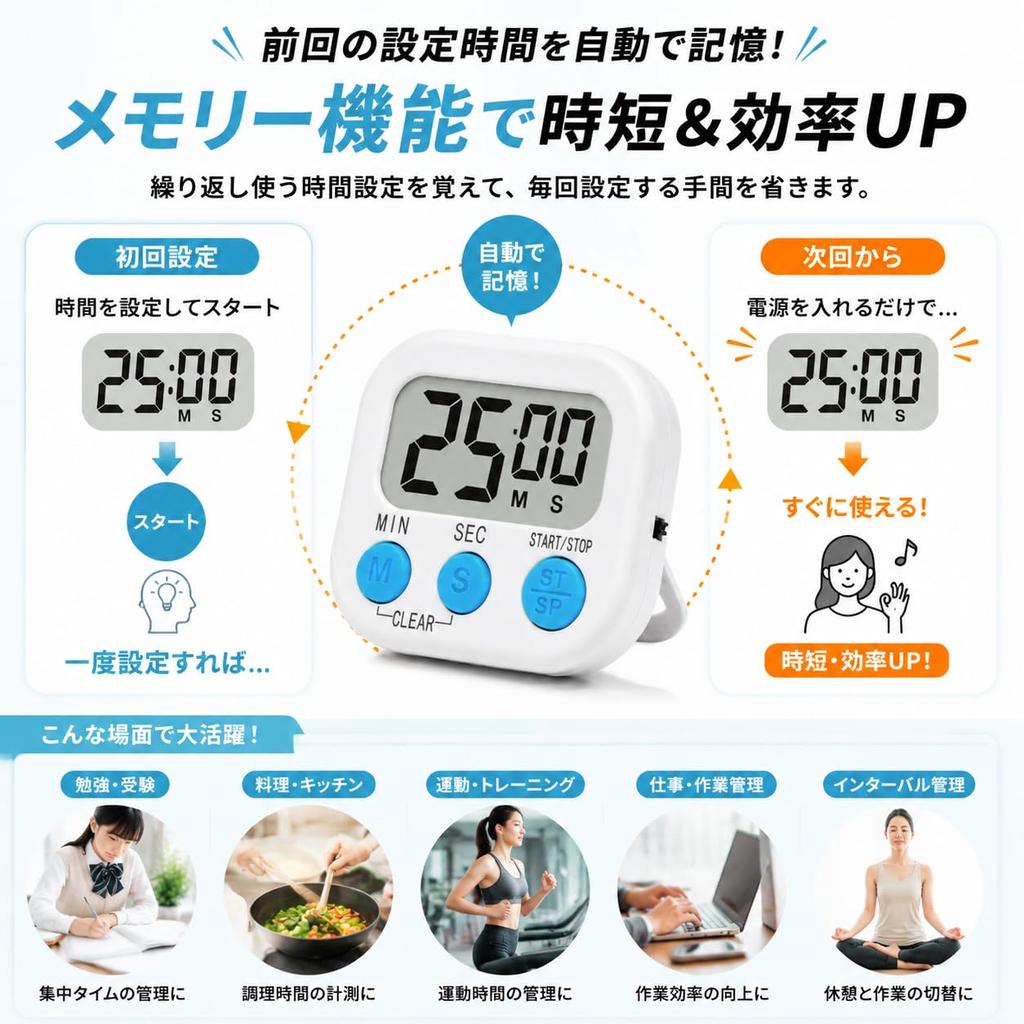 [Large Display] Digital Kitchen Timer, Magnetic, 99 minutes 59 seconds, ForwardReverse Counting, Memory Function, Large LCD Screen, Stand & Wall