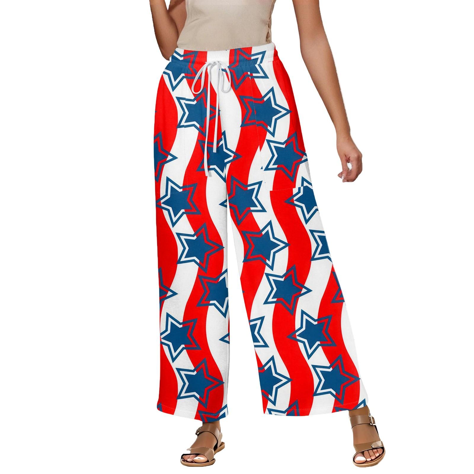 

Women s Summer Elastic Waist Independence Day Printed Cotton And Linen Loose Pants S винний