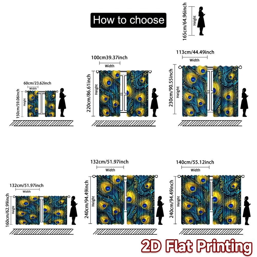 Flat Printing Curtain Peacock Feather Elegance Digital Printed Polyester Drapes All Season Party Holiday Decor Set Of 2 Made Washable