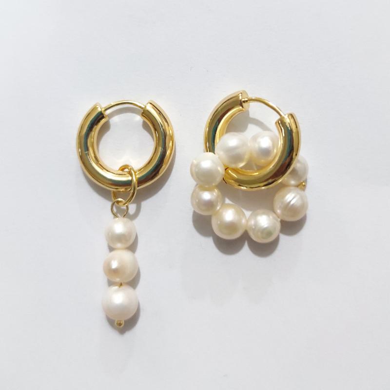Exquisite Asymmetric Natural Freshwater Pearl Hanging Earrings Double Circle Dangle Earrings French Unusual French Drop Earrings