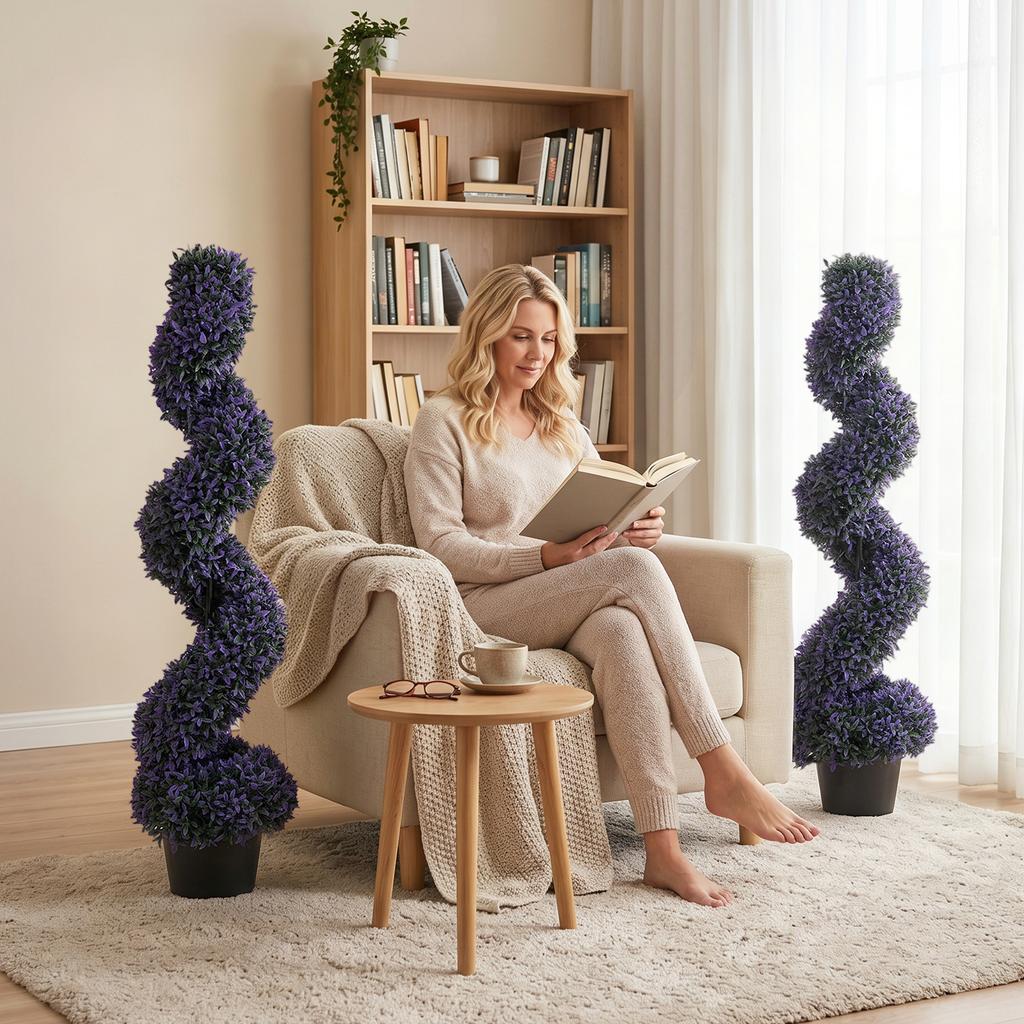 Set of 2 Decorative Artificial Plants, 120cm Artificial Boxwood Spiral Topiary Tree with 840 Leaves, UV Resistant