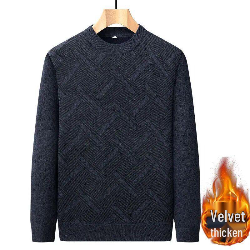 Men's Plus Velvet Thick Knit Sweater - Round Neck, Warm, Loose Fit, Perfect for Middle-Aged & Elderly