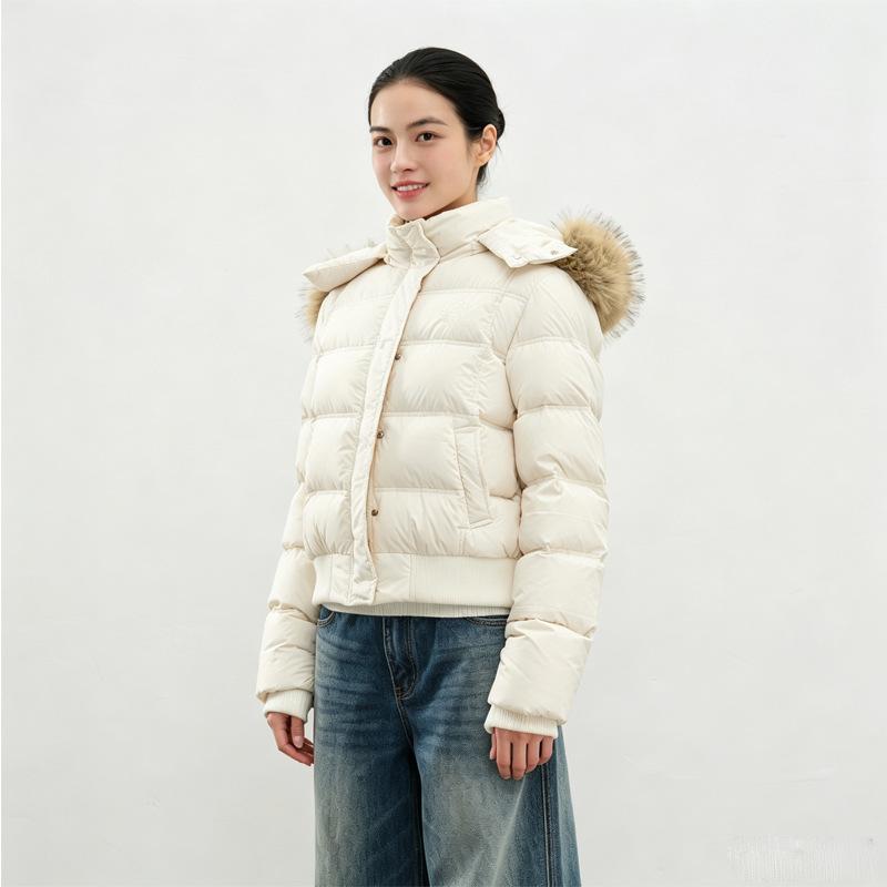 Winter retro fashion hooded fur collar short white duck down jacket new women's winter small coat women