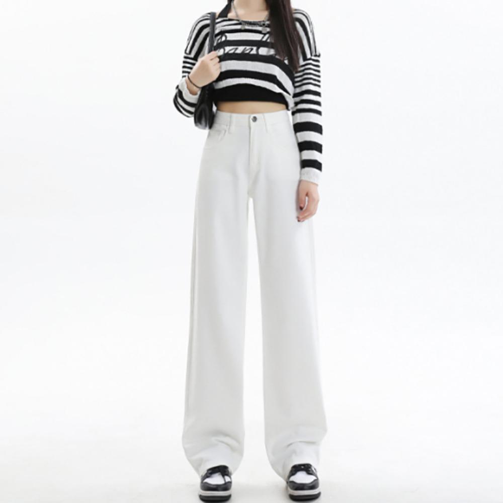 

Простые прямые джинсы женские весна и осень новые корейская версия тонкие модные темпераментные широкие джинсы-швабры 2XL белый