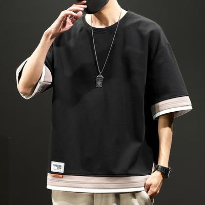 Fashionable Men's Summer Color Block Spliced Short Sleeve T-shirt Loose Fit Versatile for Secondary Development