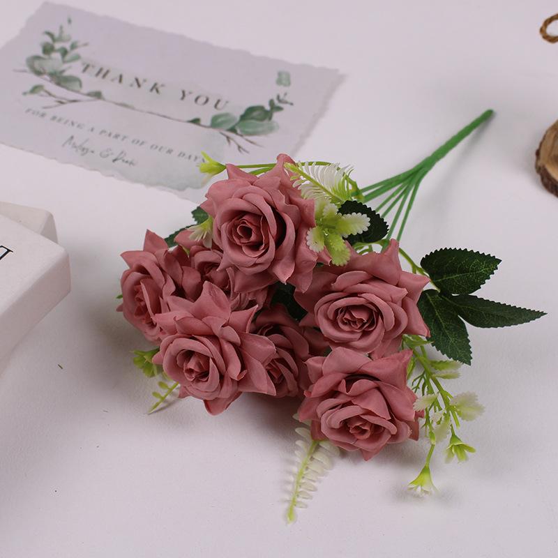 10pcs Simulation 7-head Corner Roses Bouquet Light Luxury Silk Pink Flowers Wedding Auditorium Decoration Rose Artificial Flower