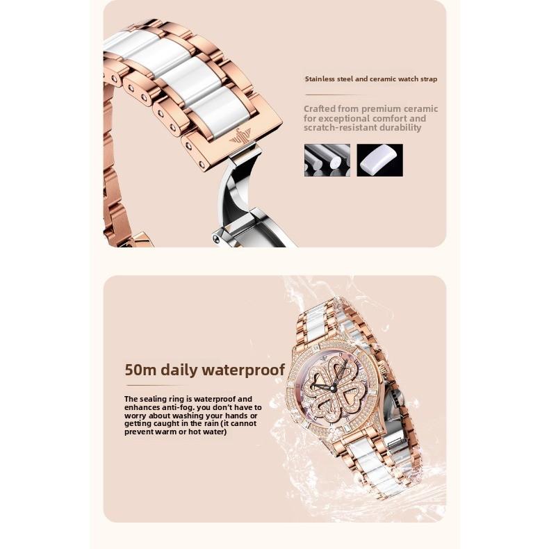OUPINKE Women's Watch Four-leaf Clover Rotating Dial Automatic Mechanical Watch for Ladies and Women