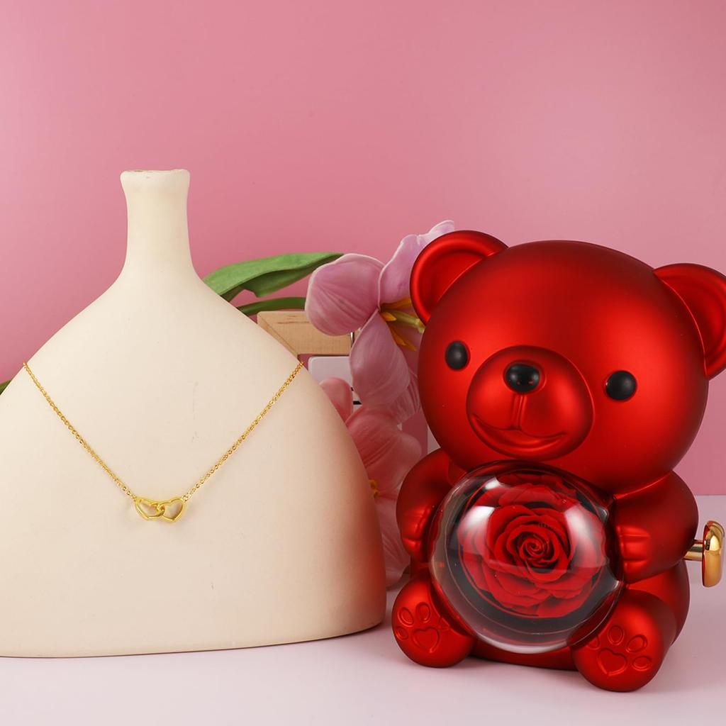 [Drawelry] Personalized Heart Necklace with Genuine Rose Bear Jewelry Box, Preserved Eternal Rose Hug Bear Gift Set, Heart Necklace Bear Box
