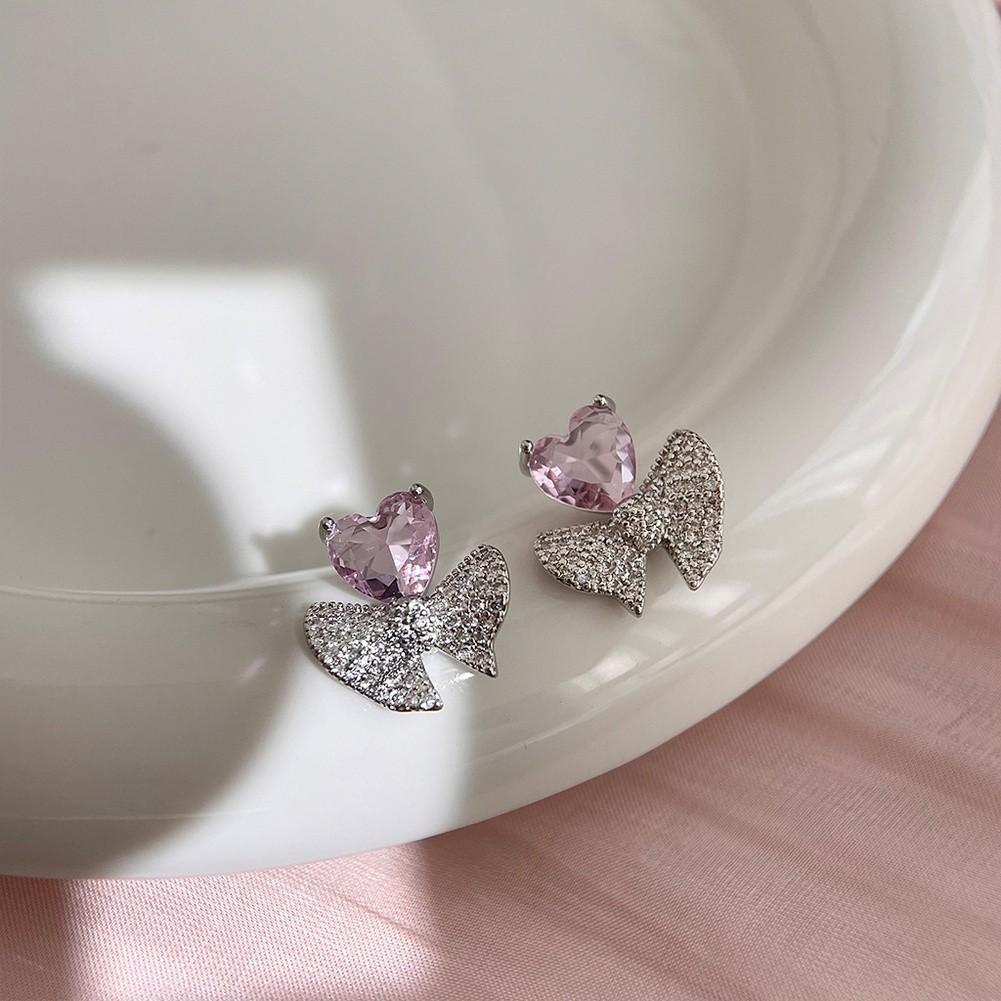 Pink Zircon Heart Bow Earrings for Women with Silver for Everyday Wear