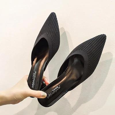 Internet Celebrity Half Slippers Women Summer Out Home 2024 New Versatile Pointed Heel Thick Heel Flying Woven Half Sandals Women