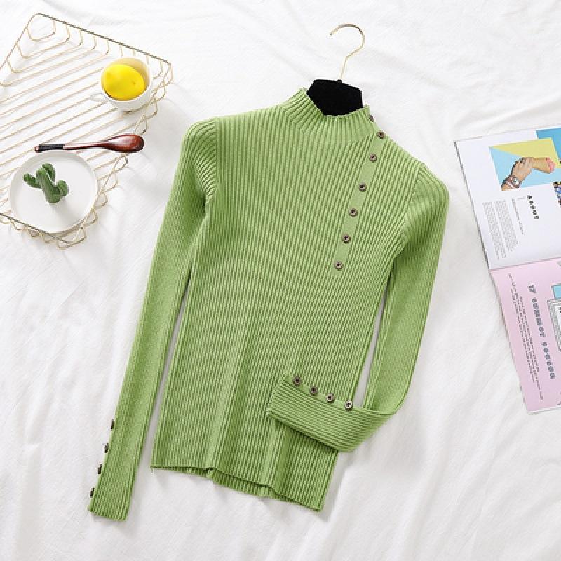 Women Autumn Knitted Slim Sweaters Solid Knitted Female Cotton Soft Elastic Color Pullovers Button Full Sleeve Turtleneck
