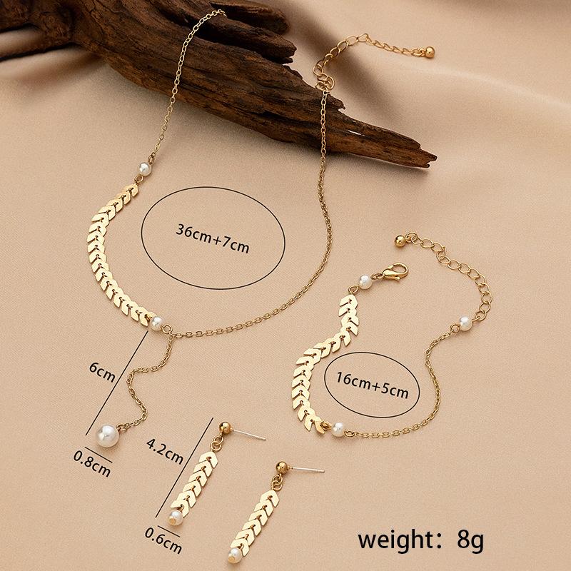 Simple Wheat Ear Pearl Bracelet Necklace Earrings Jewelry Set For Women Temperament Lucky Gold Color Bracelet Charm Jewelry