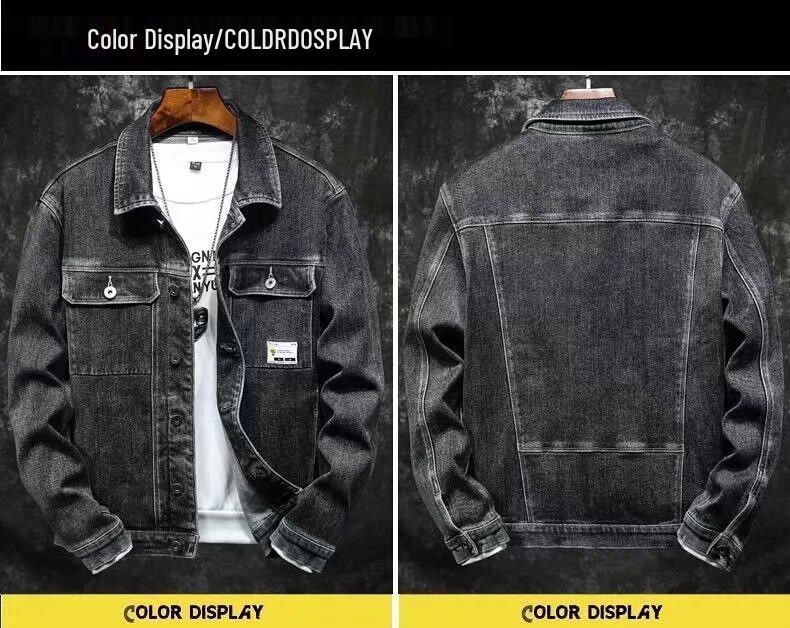 Tide Men's Denim Jacket - European & American Slim Fit, Turn-Down Collar, Black Spring/Autumn Casual Style