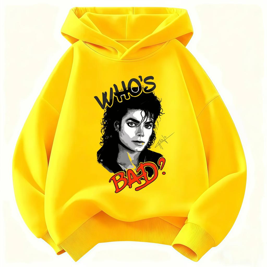 2026 Felpa con Cappuccio per Bambini Michael Jackson Who's Bad Album Ritratto Stampa Pullover Bambini Ragazzi Ragazze Moda Felpa Casual