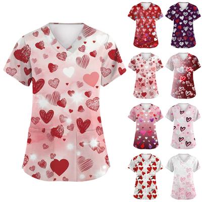 Damska Moda Krótki Rękaw Walentynkowy Nadruk Dekolt V Kieszeń Odzież Robocza Top