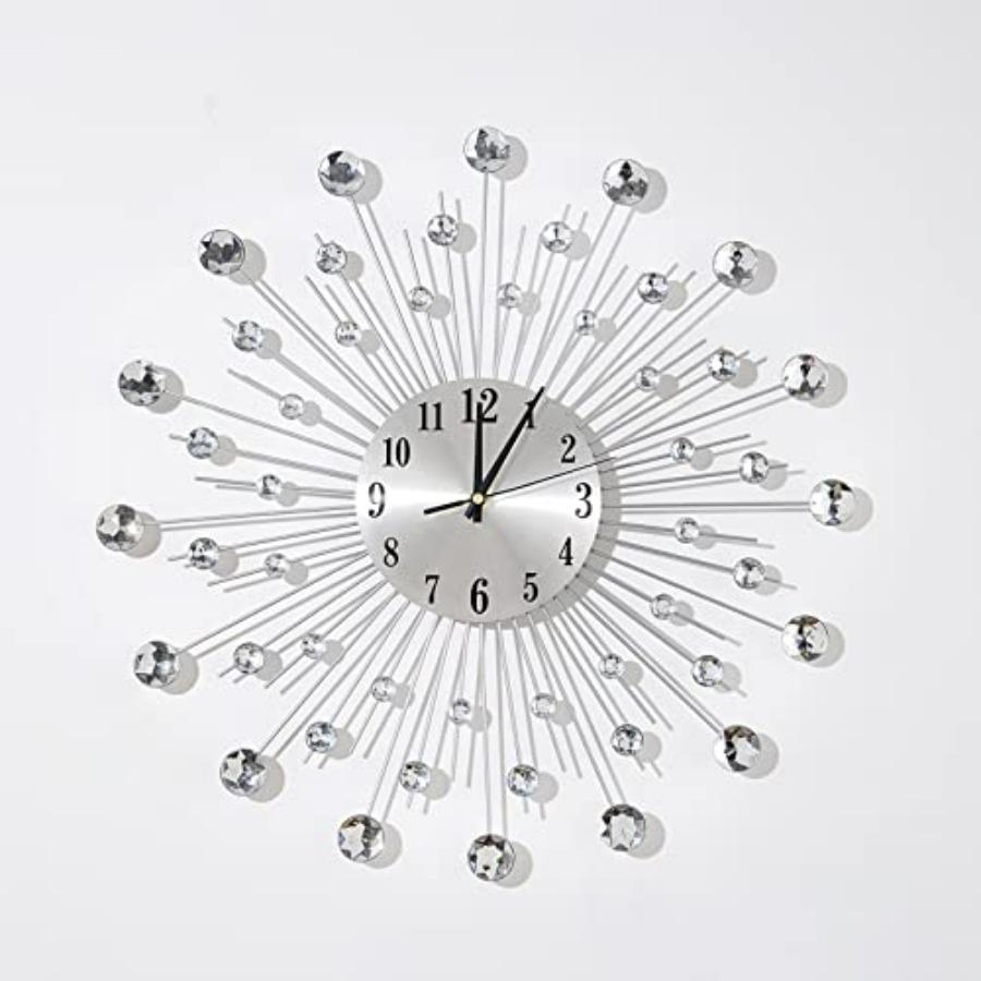19,7 Zoll Große Wanduhr für Wohnzimmer-Dekoration Tickenfrei Leise Modern Metall Sternburst Bling Silber Kristall Wanduhren Deko