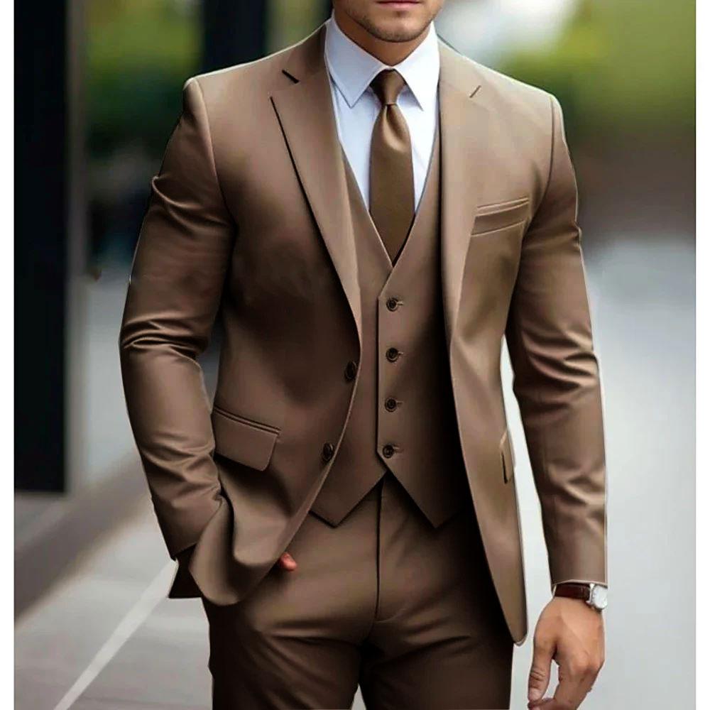Solid Color Suits Men 3 Pieces Fashion Slim Fit Blazer Vest Pants Set Formal Business Wedding Tuxedos for Men Casual Clothing