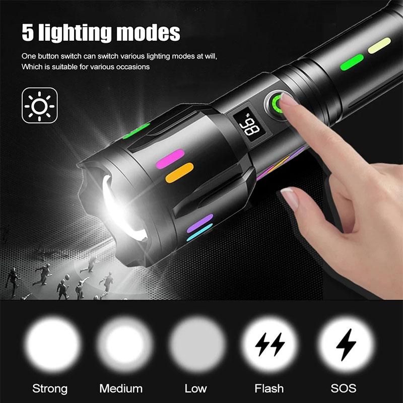 LED Laser Tactical Flashlight 2000 Lumen Zoom Camping Torch Colorful Fluorescent Strip Outdoor Emergency Portable LED Flashlight
