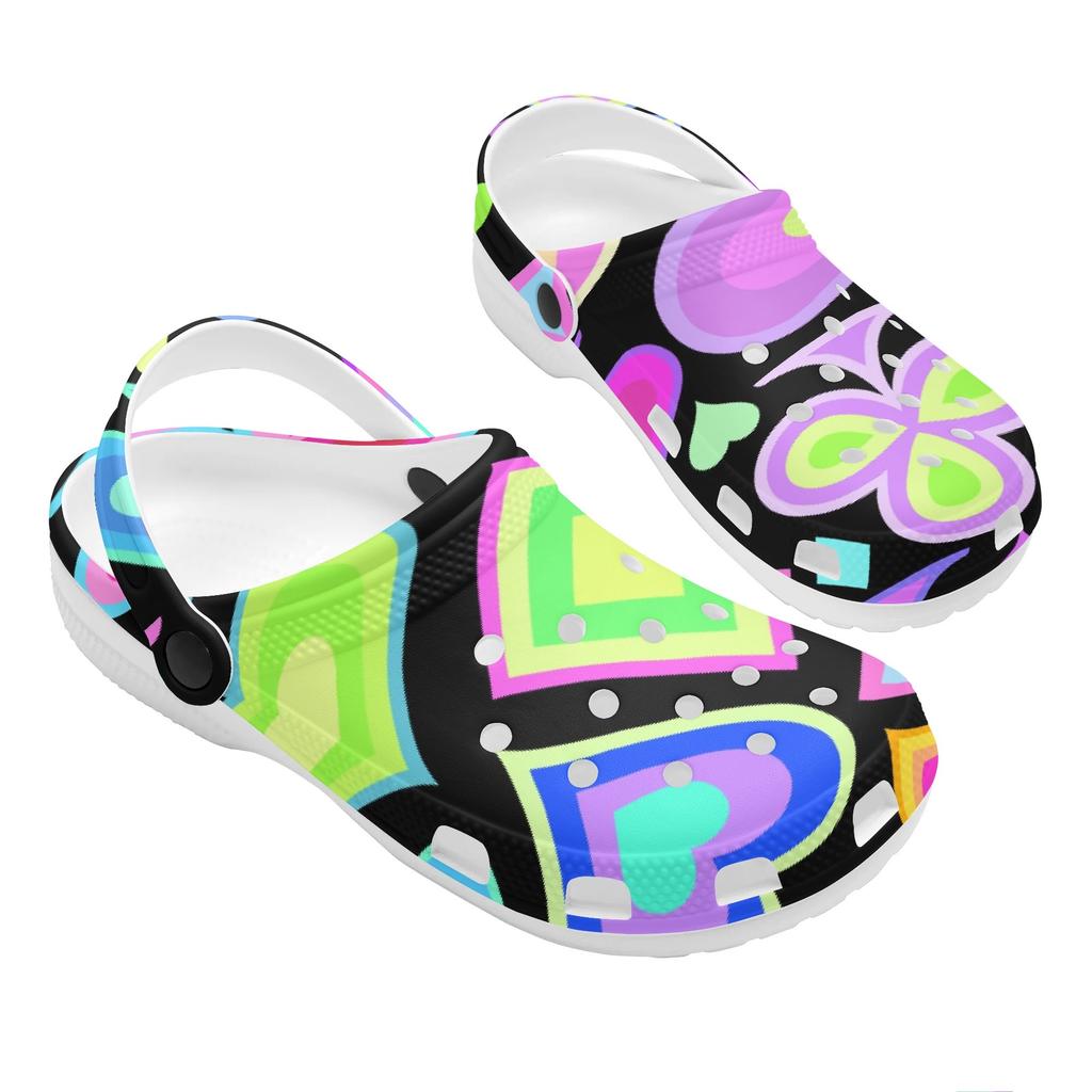 White EVA Clogs with Rainbow Feather Print, Lightweight Slip On Garden Shoes, Breathable Beach Sandals, Indoor Outdoor Slippers for Men Women